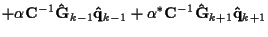 $\displaystyle + \alpha {\bf C}^{-1} {\bf\hat{G}}_{k-1} {\bf\hat{q}}_{k-1}
+ \alpha^* {\bf C}^{-1} {\bf\hat{G}}_{k+1} {\bf\hat{q}}_{k+1}$