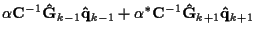 $\displaystyle \alpha {\bf C}^{-1} {\bf\hat{G}}_{k-1} {\bf\hat{q}}_{k-1}
+ \alpha^* {\bf C}^{-1} {\bf\hat{G}}_{k+1} {\bf\hat{q}}_{k+1}$